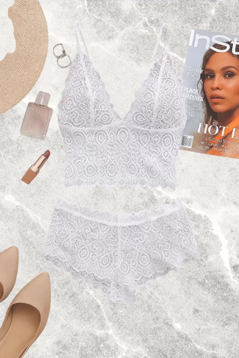 Beyaz Dantel Bralet Şort Takımı Askılı Şık Kadın Ev Giyim