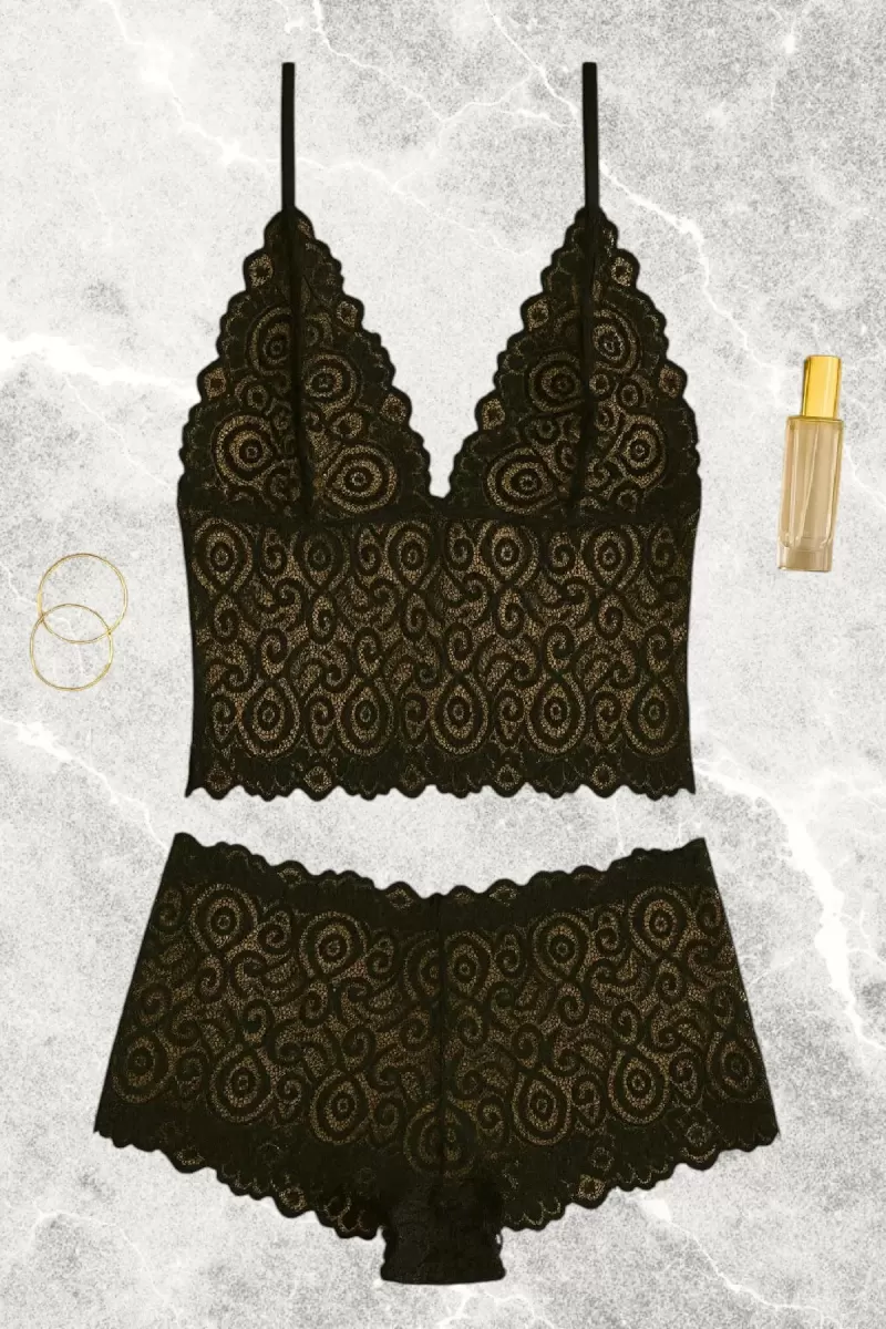Siyah Dantel Bralet Şort Takımı Askılı Şık Kadın Ev Giyim