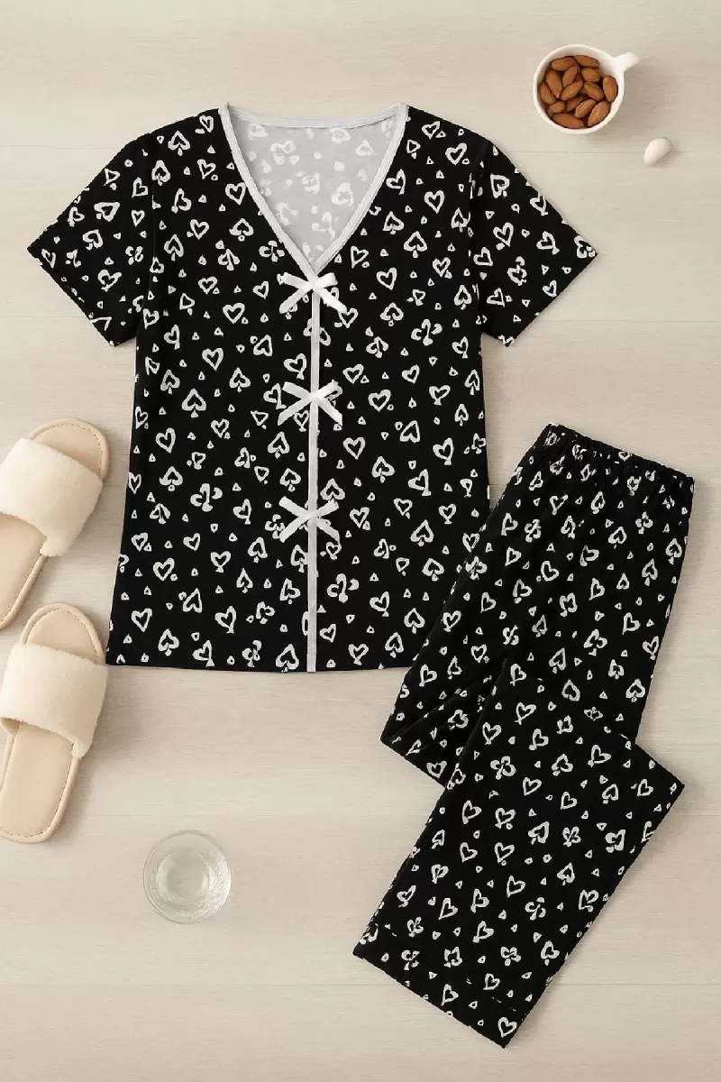 Kadın Siyah Beyaz Kalp Desenli Kısa Kollu Şık Pijama Takımı