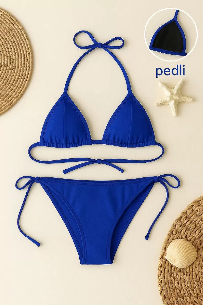 Mavi Üçgen Bikini Takımı Yandan ve Boyundan Bağlamalı Esnek Kumaş Kadın Mayo Seti