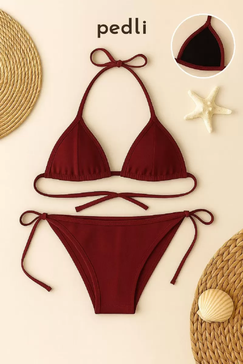 Bordo Üçgen Bikini Takımı Yandan ve Boyundan Bağlamalı Esnek Kumaş Kadın Mayo Seti