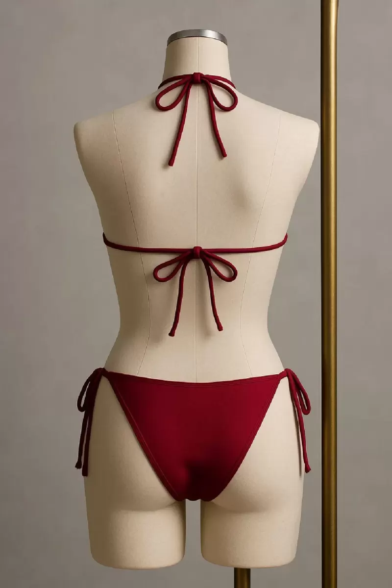 Bordo Üçgen Bikini Takımı Yandan ve Boyundan Bağlamalı Esnek Kumaş Kadın Mayo Seti
