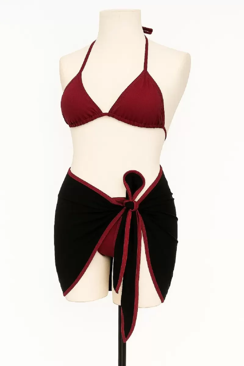 Kadın Siyah Bordo Pareolu 3’lü Bikini Takımı Yandan ve Boyundan Bağlamalı Pedli Şık Plaj Seti