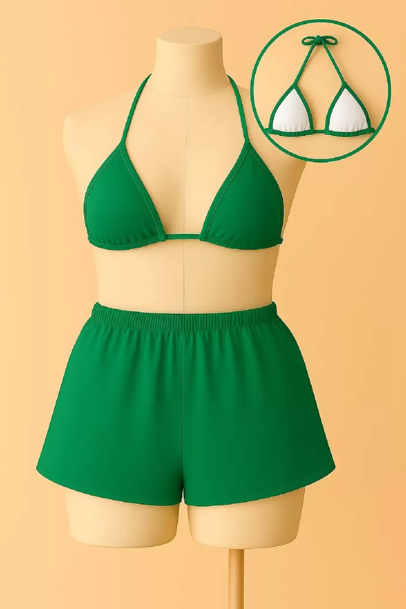 Yeşil Şortlu Üçgen Bikini Takımı Bağlamalı Esnek Kumaş Rahat Kadın Mayo Seti