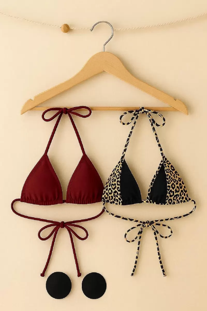 Leopar Desenli ve Bordo 2’li Üçgen Bikini Üstü Seti Bağlamalı Minimal Kesim Kadın Mayo Üstü