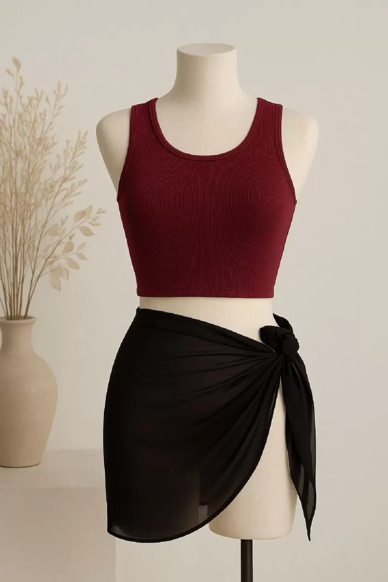 Kadın Bordo Yuvarlak Yaka Crop ve Siyah Transparan Pareo 2’li Set