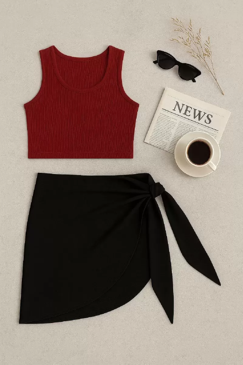 Kadın Bordo Yuvarlak Yaka Crop ve Siyah Transparan Pareo 2’li Set