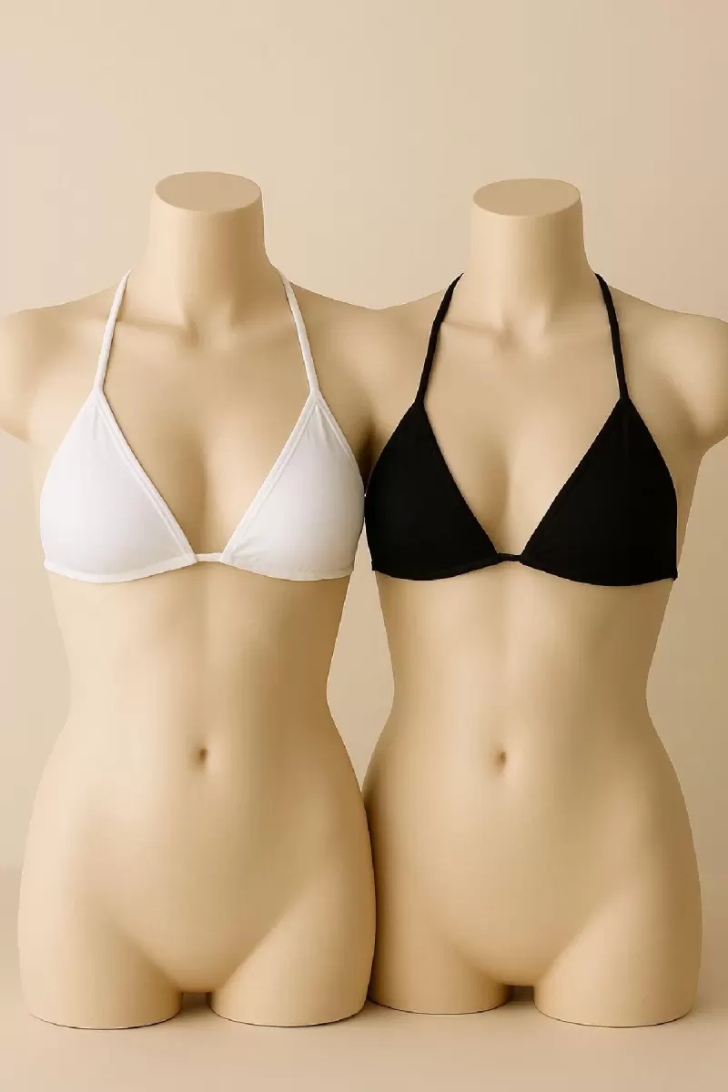 Siyah ve Beyaz 2’li Üçgen Bikini Üstü Seti Bağlamalı Minimal Kesim Esnek Kadın Mayo Üstü