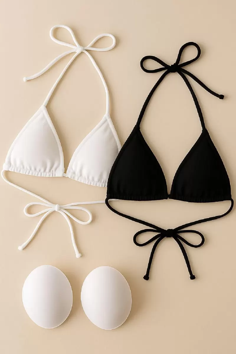 Siyah ve Beyaz 2’li Üçgen Bikini Üstü Seti Bağlamalı Minimal Kesim Esnek Kadın Mayo Üstü