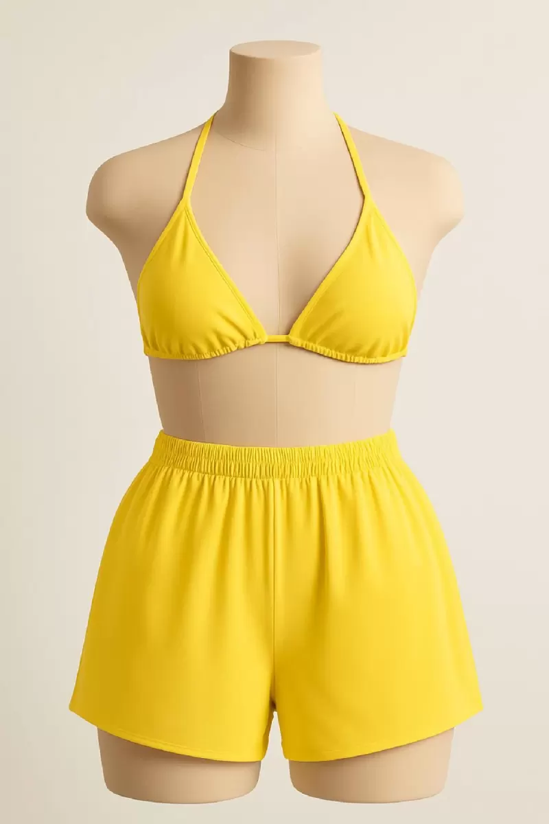 Sarı Şortlu Bağlamalı Bikini Takımı Üçgen Kesim Ayarlanabilir Esnek Kumaş Kadın Mayo Seti