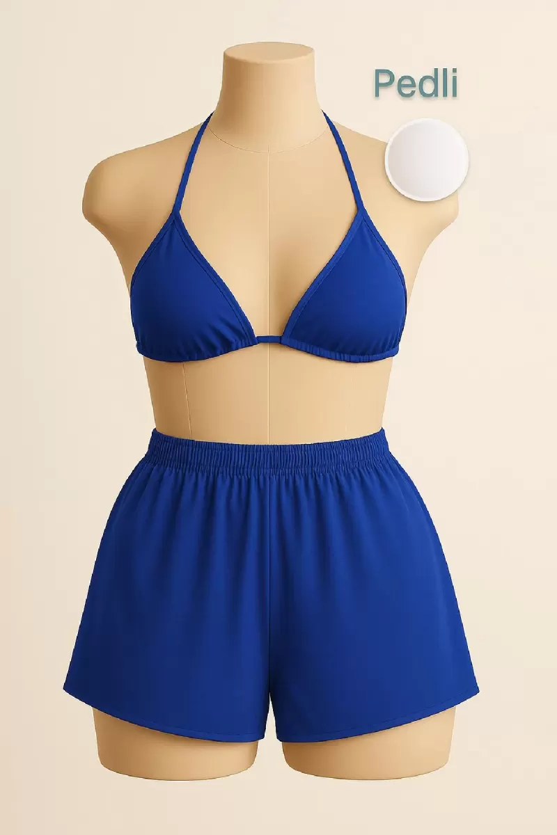 Mavi Şortlu Bağlamalı Bikini Takımı Belden ve Boyundan Ayarlanabilir Esnek Kumaş Kadın Mayo Seti