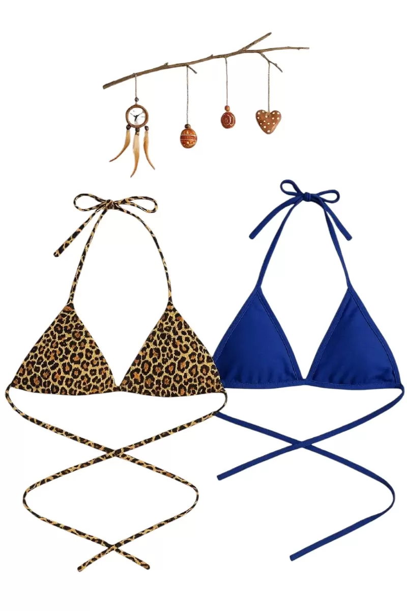 Leopar Desenli ve Mavi Detaylı Üçgen Bikini Üstü Minimal Kesim Bağlamalı Kadın Mayo Üstü 2'li