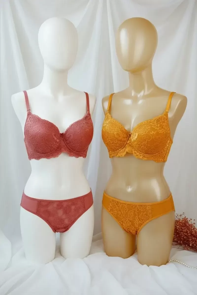 Kadın Hardal Kiremit Dolgulu Balenli Sütyen ve Külot Takımı 2’li Paket