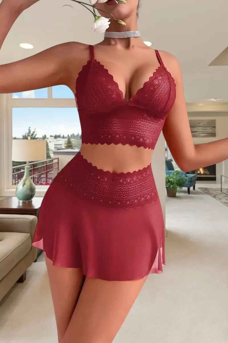 Bordo Dantel Tül Detaylı Etekli Şık Kadın Gecelik