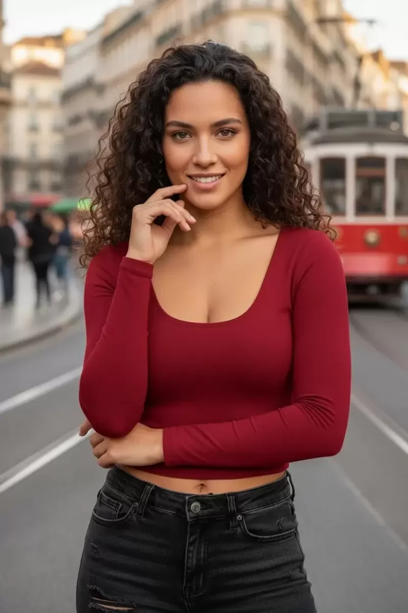Bordo Derin U Yaka Crop Top Uzun Kollu Dar Kesim Kadın Bluz