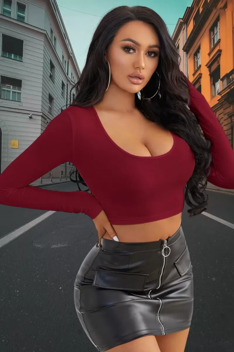 Bordo Derin U Yaka Crop Top Uzun Kollu Dar Kesim Kadın Bluz