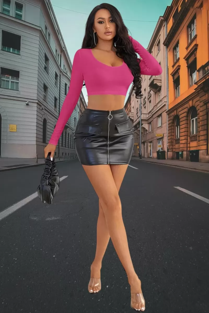 Fuşya Derin U Yaka Crop Top Uzun Kollu Dar Kesim Kadın Bluz