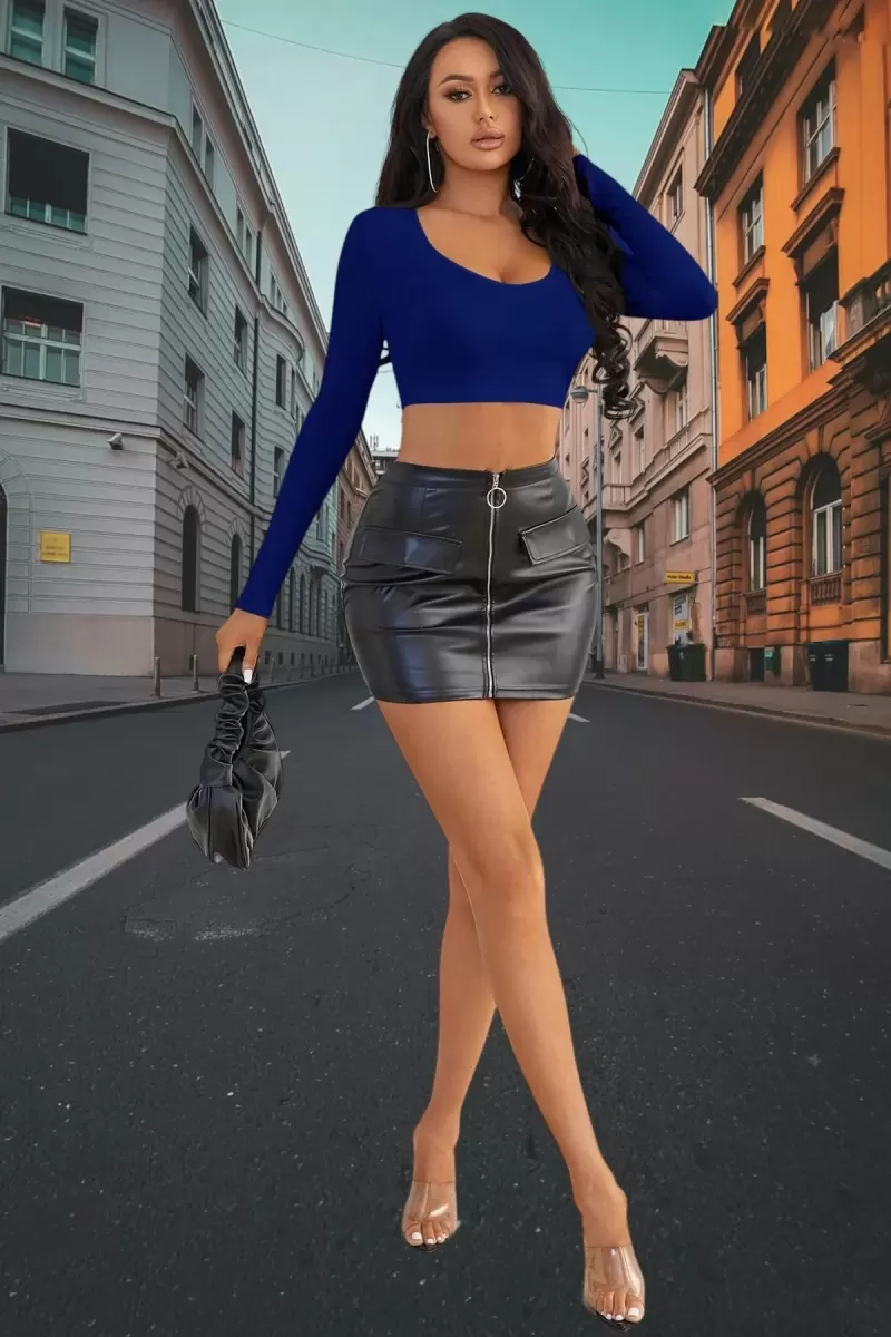 Mavi Derin U Yaka Crop Top Uzun Kollu Dar Kesim Kadın Bluz