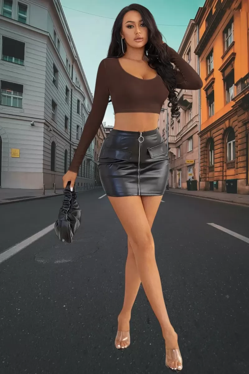 Kahverengi Derin U Yaka Crop Top Uzun Kollu Dar Kesim Kadın Bluz