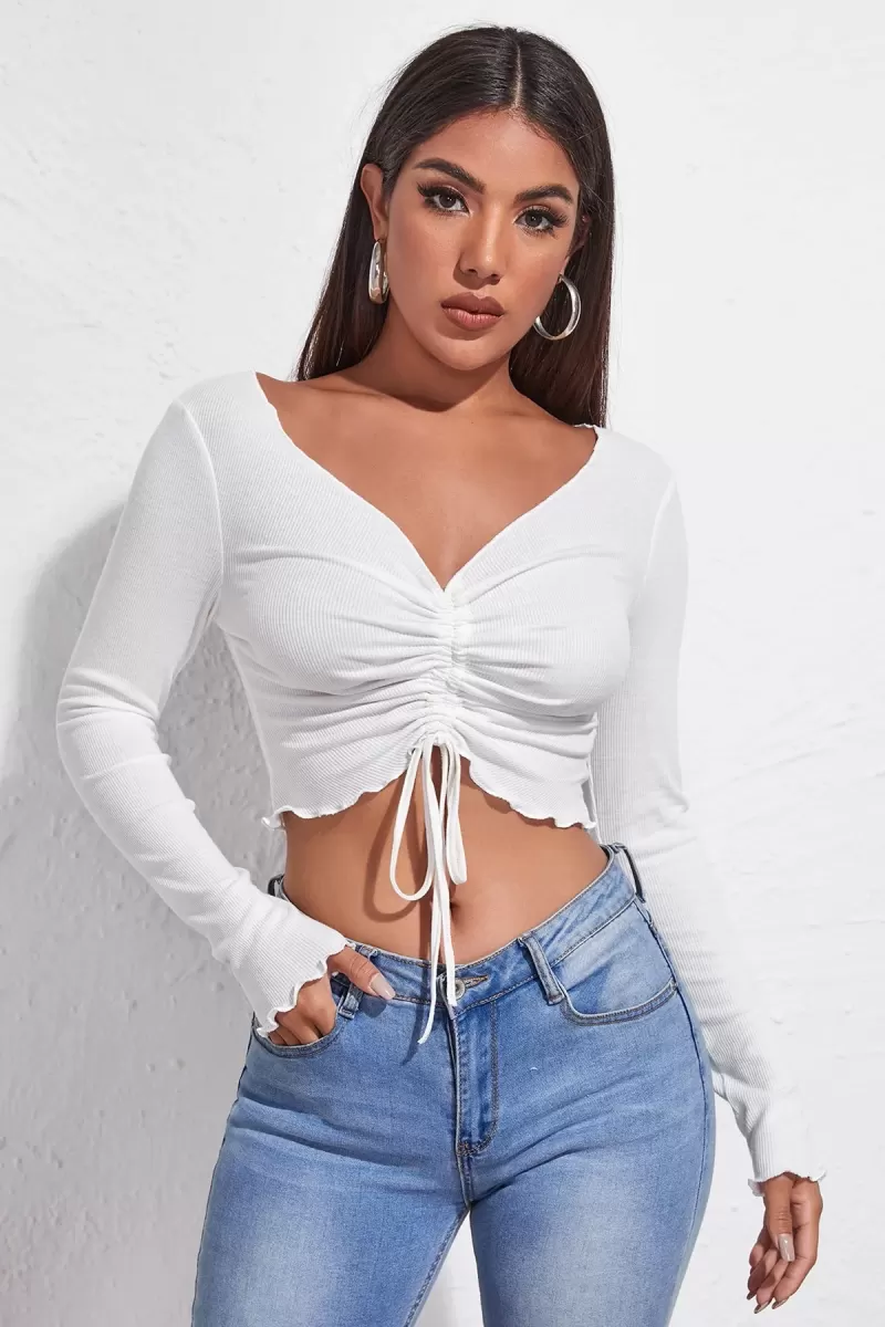 Kadın Beyaz Uzun Kol Drapeli Bağcık Detaylı Crop Top Bluz