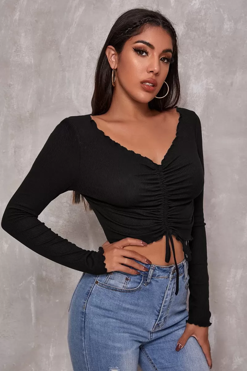 Kadın Siyah Uzun Kol Drapeli Bağcık Detaylı Crop Top Bluz