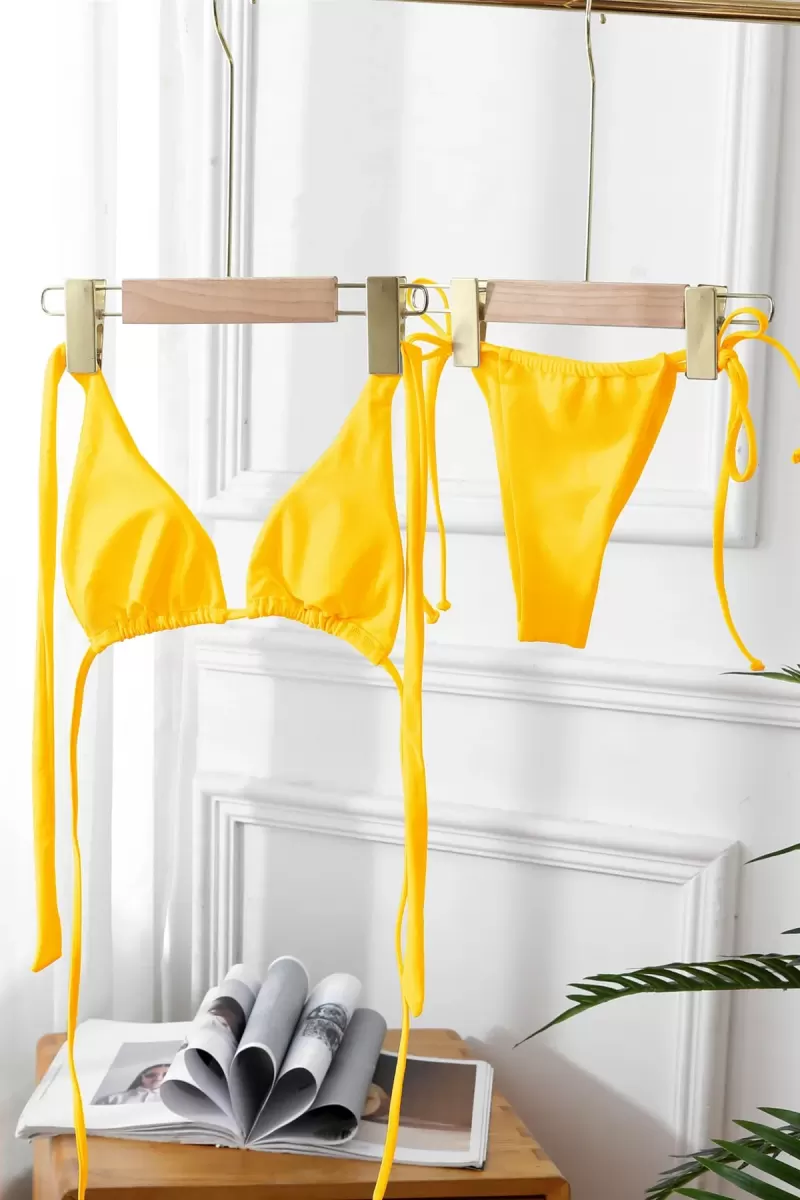 Kadın Sarı Üçgen Bikini Takımı Yandan Bağlamalı Tangalı Canlı Renk Şık Mayo Seti