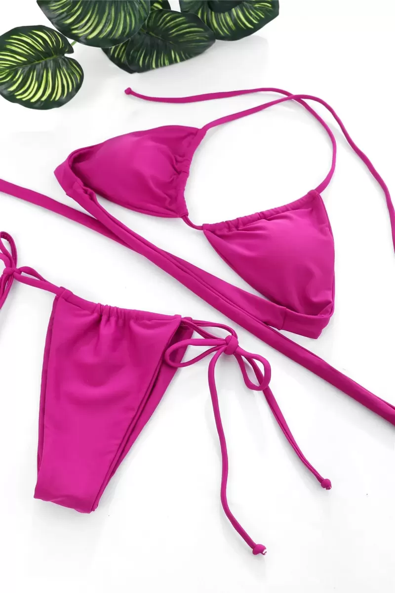 Kadın Fuşya Üçgen Bikini Takımı Yandan Bağlamalı Tangalı Canlı Renk Şık Mayo Seti