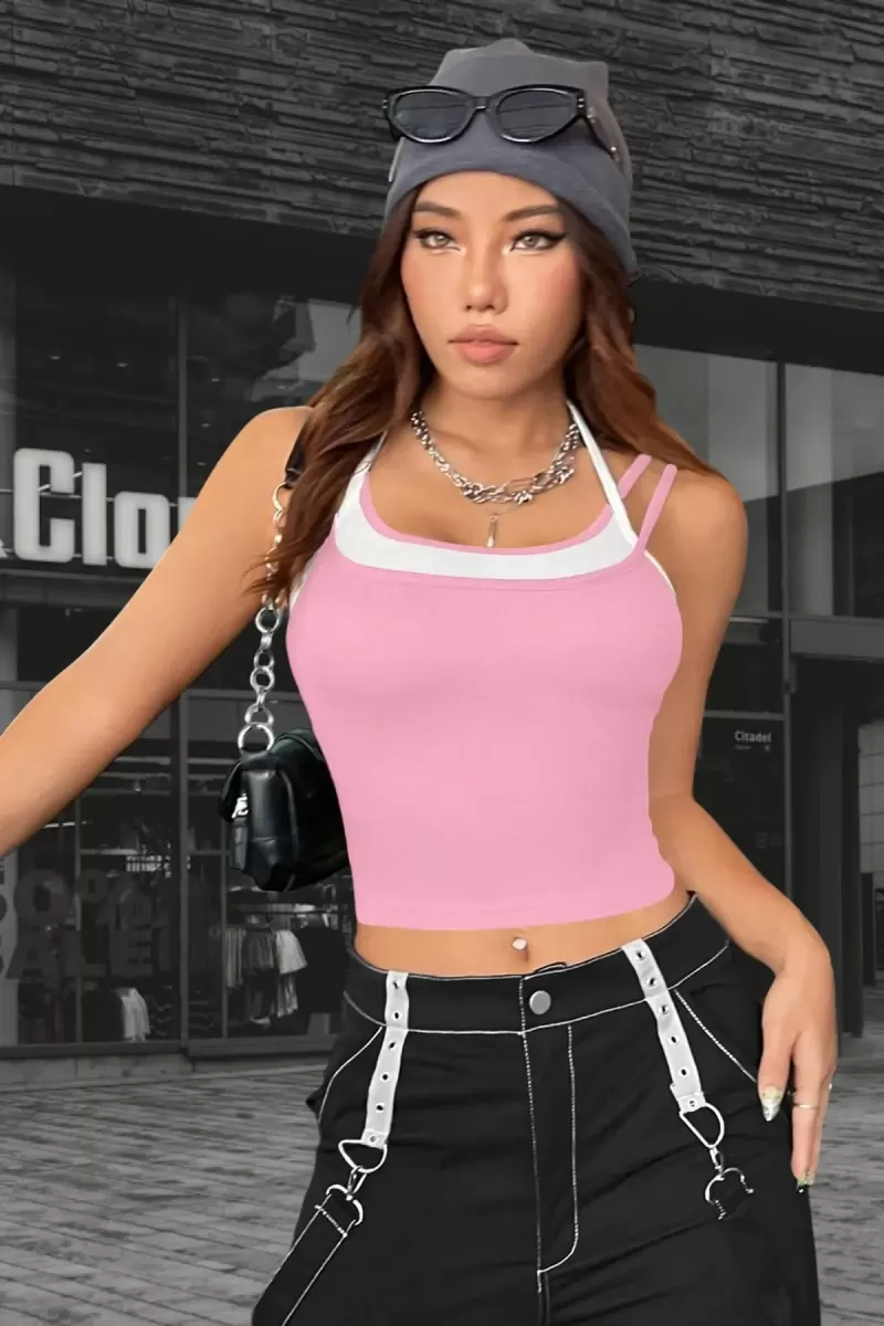 Kadın Pembe Beyaz Çift Renk Çapraz Askılı Crop Top Bluz Şık Esnek