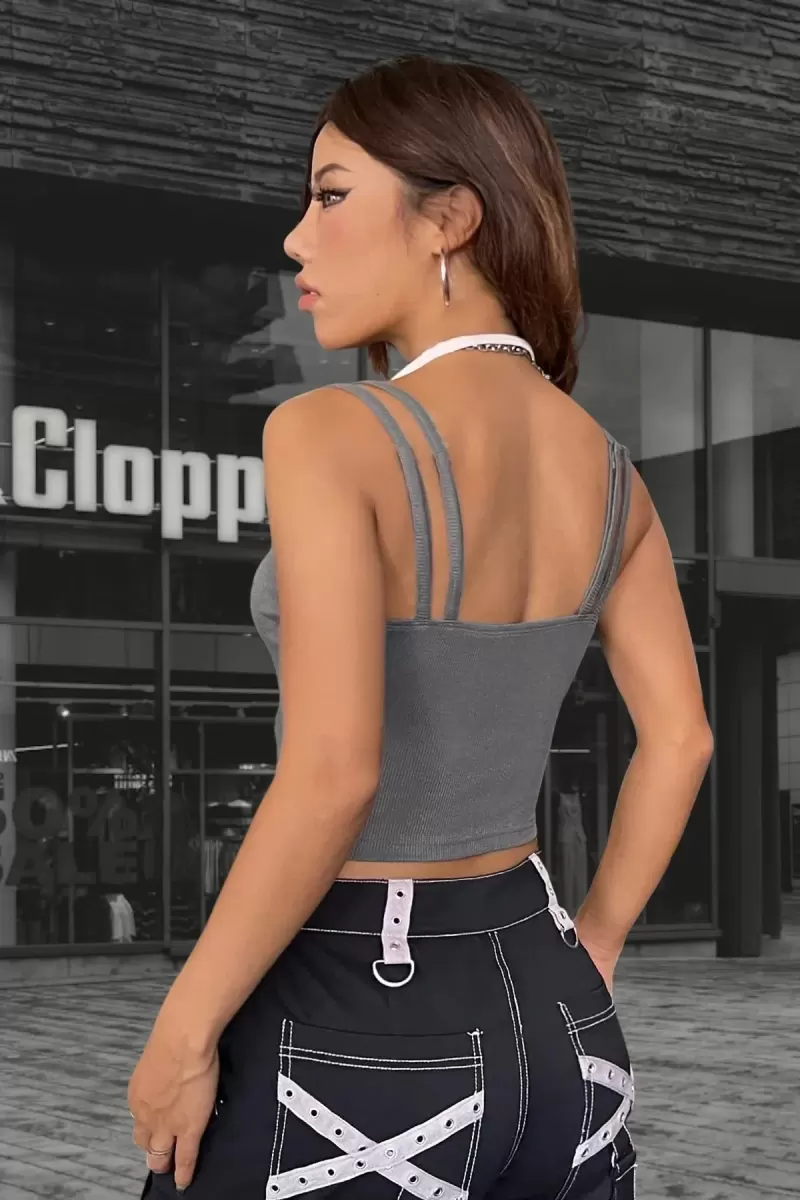 Kadın Antrasit Beyaz Çift Renk Çapraz Askılı Crop Top Bluz Şık Esnek