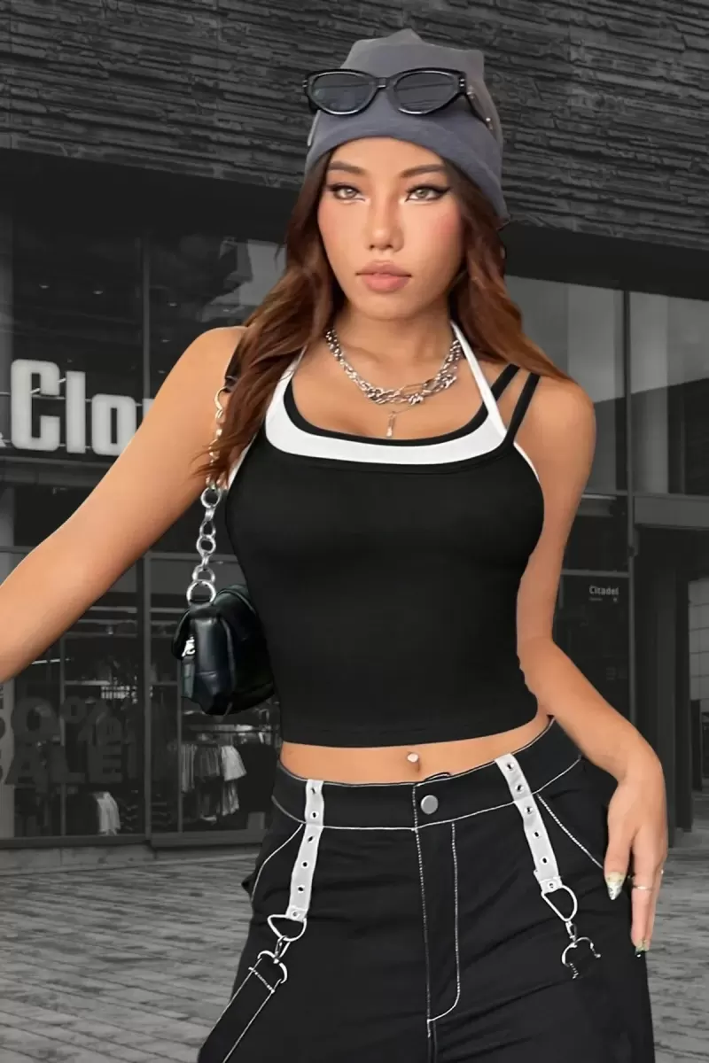 Kadın Siyah Beyaz Çift Renk Çapraz Askılı Crop Top Bluz Şık Esnek