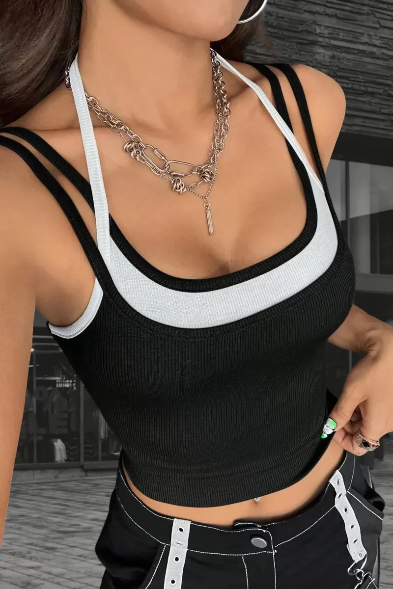 Kadın Siyah Beyaz Çift Renk Çapraz Askılı Crop Top Bluz Şık Esnek