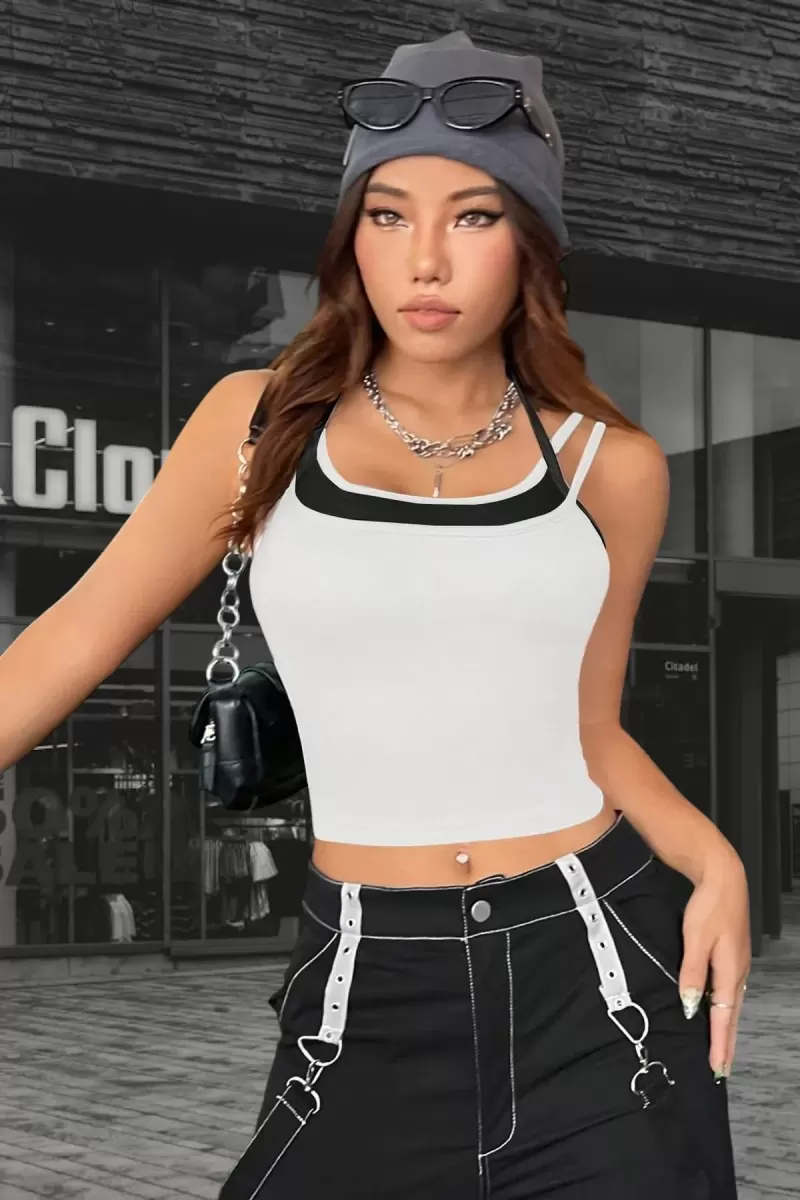 Kadın Beyaz Siyah Çift Renk Çapraz Askılı Crop Top Bluz Şık Esnek