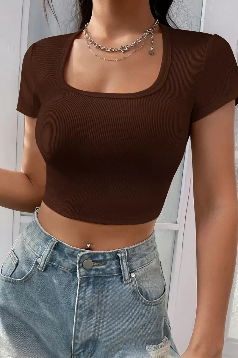 Kadın Kahverengi Şık Kesim Yarım Kol Crop Bluz