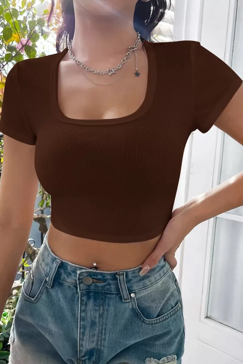 Kadın Kahverengi Şık Kesim Yarım Kol Crop Bluz