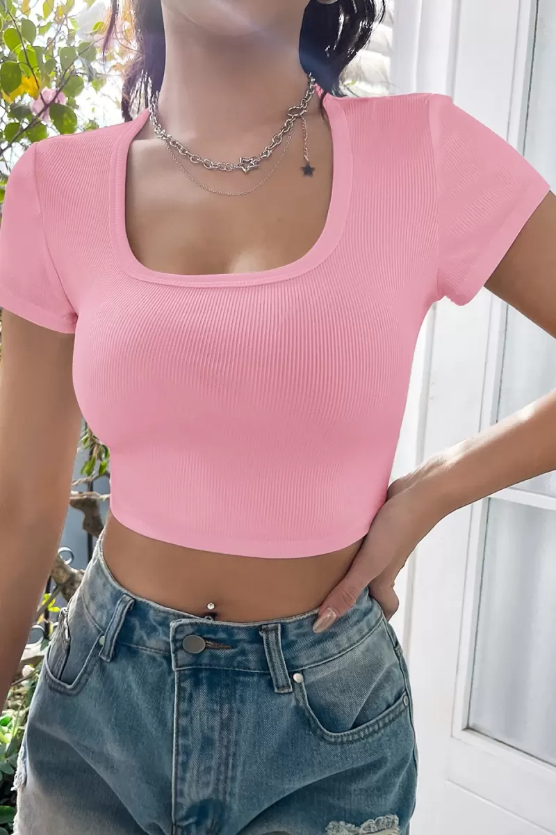 Kadın Pembe Şık Kesim Yarım Kol Crop Bluz