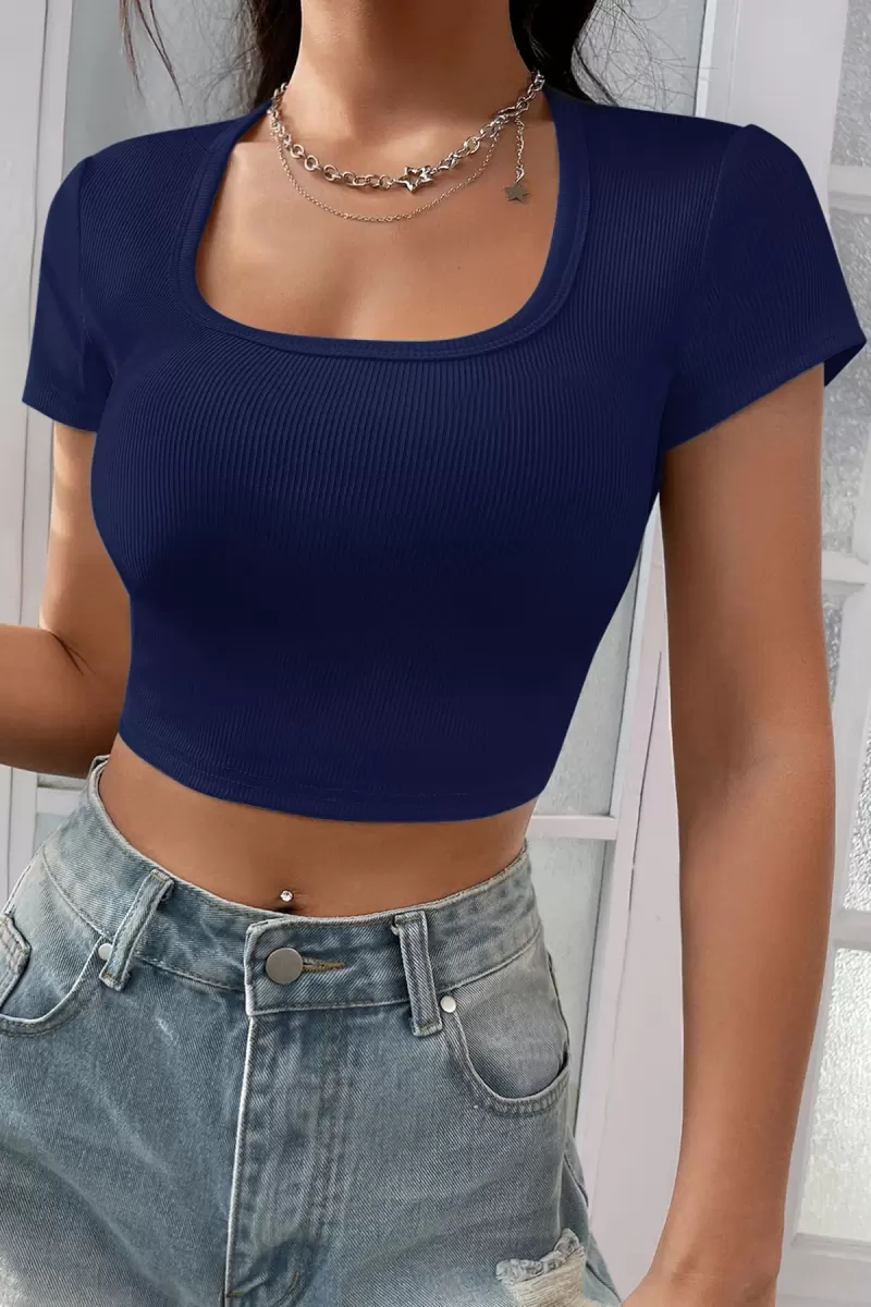 Kadın Lacivert Şık Kesim Yarım Kol Crop Bluz