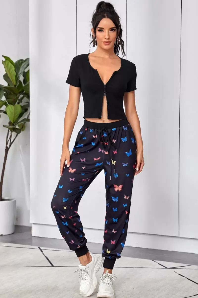 Kadın Siyah Çift Fermuarlı Modern Yarım Kol Crop Top Bluz