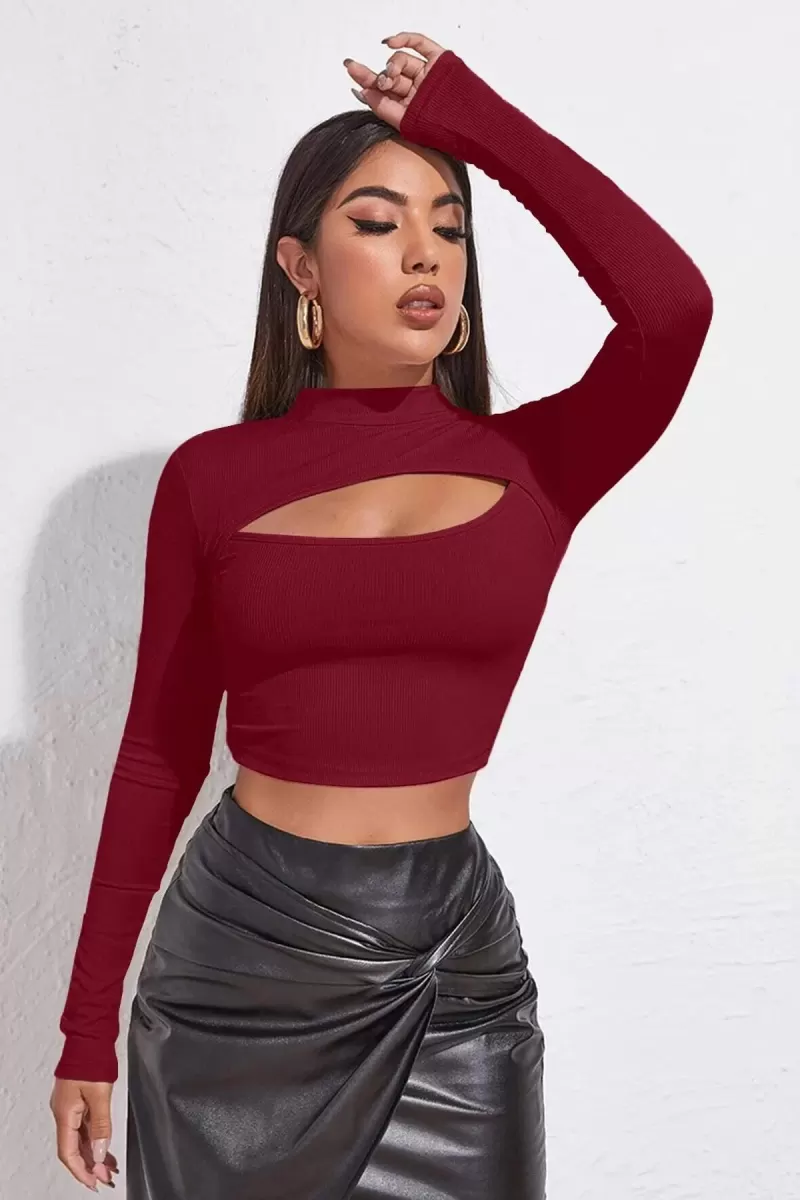 Kadın Bordo Modern Fit Göğüs Dekolteli Uzun Kollu Cut Out Crop Top Bluz