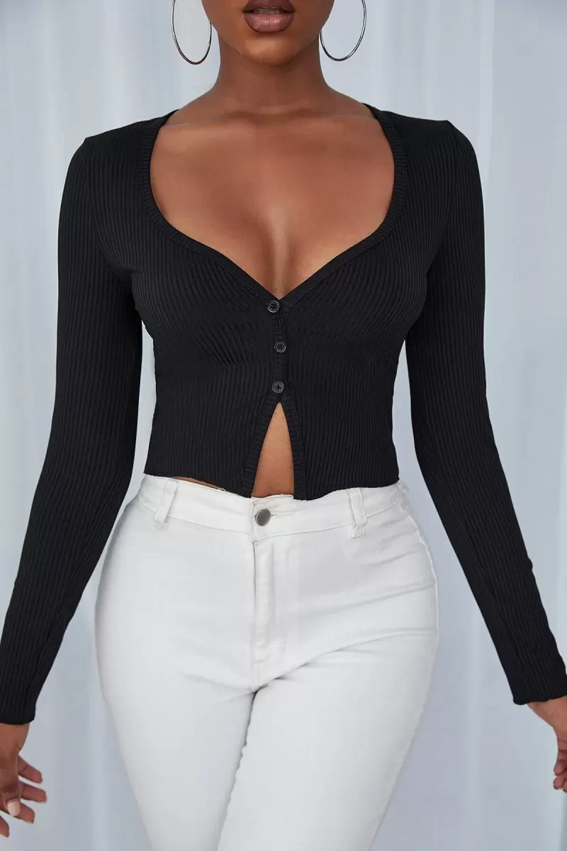 Kadın Siyah Uzun Kollu Düğme Detaylı Göğüs ve Göbek Dekolteli Crop Top Bluz Premium Stil