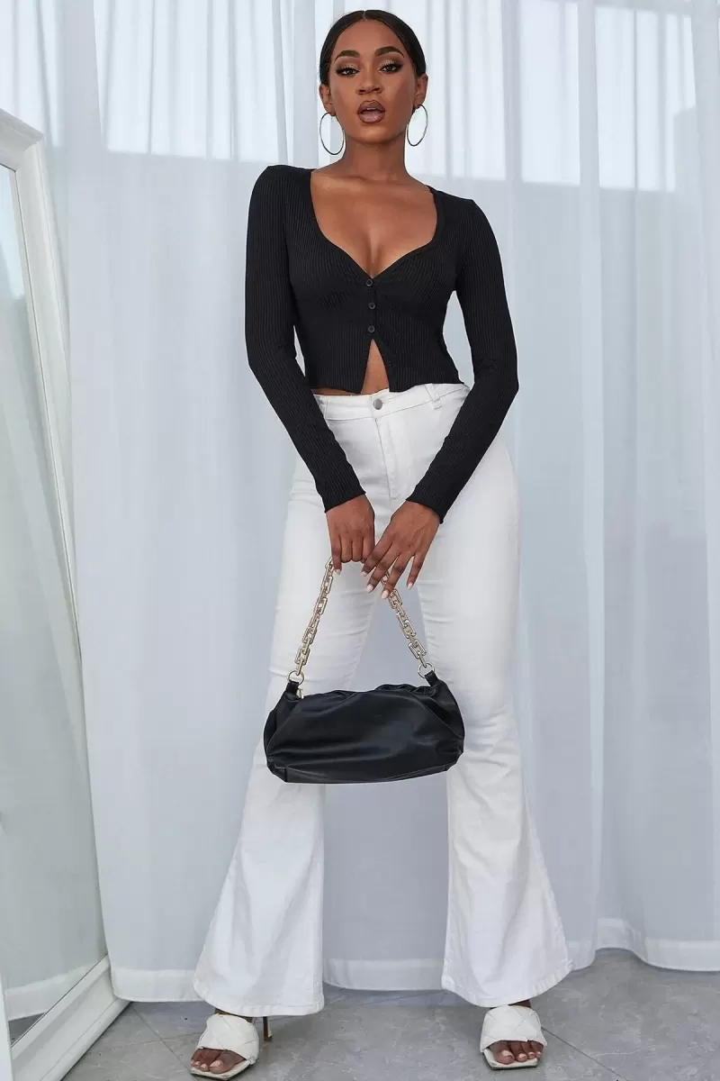Kadın Siyah Uzun Kollu Düğme Detaylı Göğüs ve Göbek Dekolteli Crop Top Bluz Premium Stil