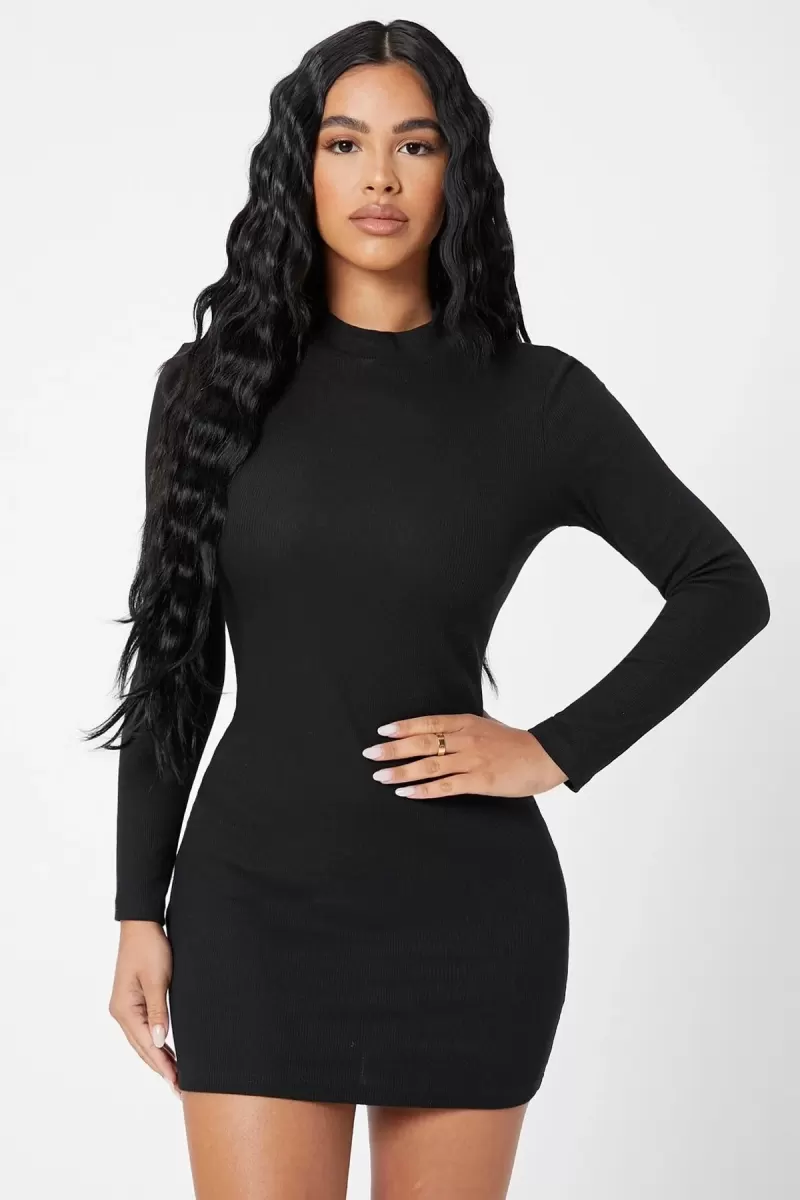 Kadın Siyah Kaşkorse Balıkçı Yaka Uzun Kollu Bodycon Mini Elbise Premium Şık Stil