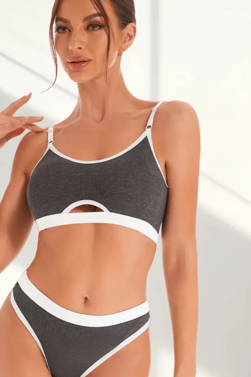 Kadın Gri Antrasit Kaşkorse Cut-Out Detaylı Beyaz Lastikli Tanga Külotlu Şık Takım Premium İç Giyim