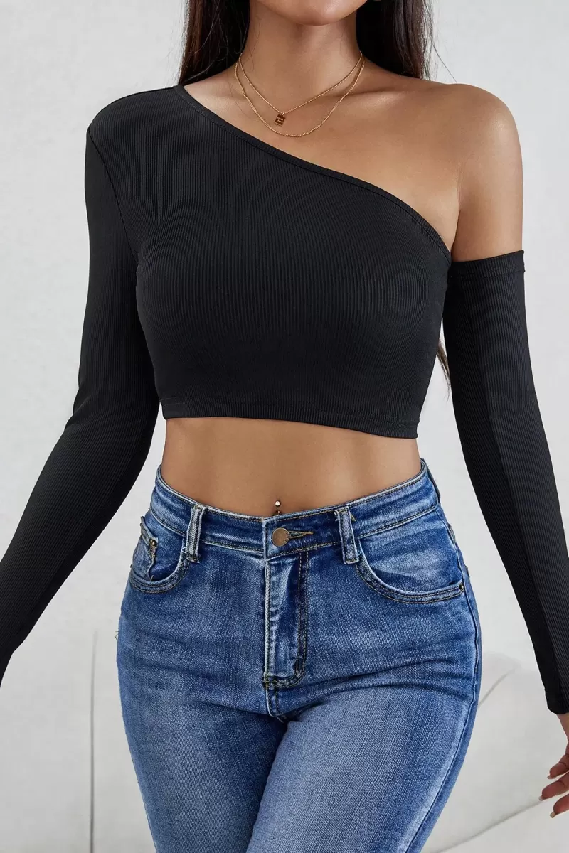 Kadın Siyah Modern Fit Tek Omuz Detaylı Uzun Kol Crop Top Bluz