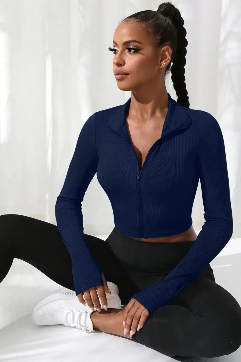 Kadın Lacivert Dik Yaka Fermuarlı Uzun Kollu Parmak Geçmeli Crop Top Spor Bluz