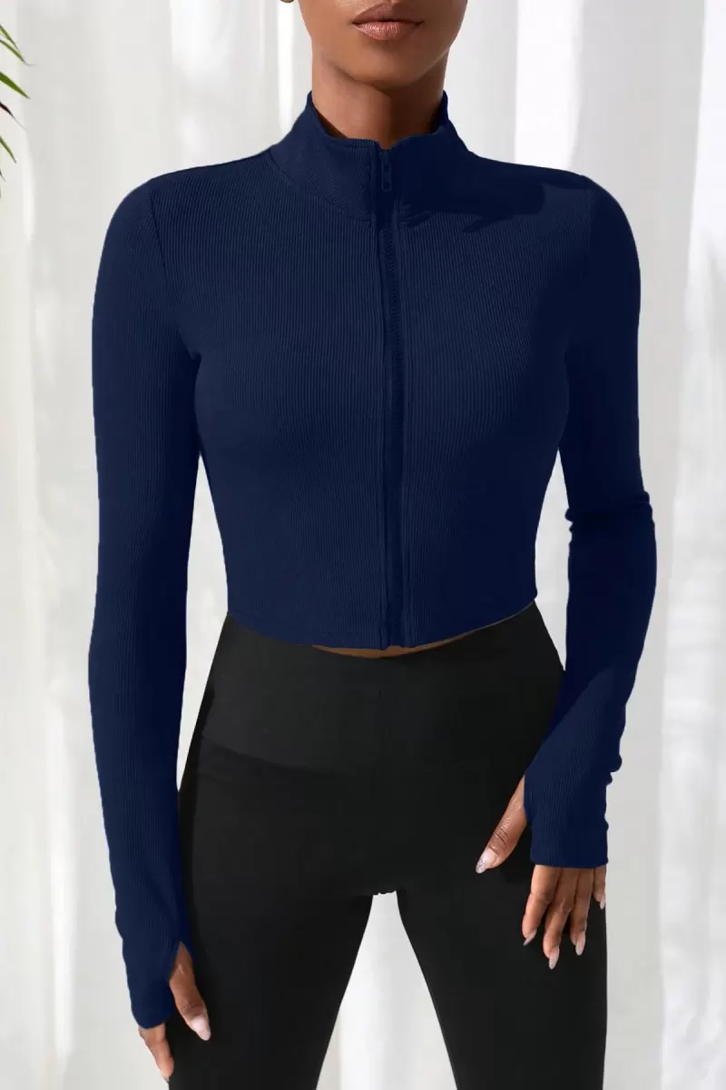 Kadın Lacivert Dik Yaka Fermuarlı Uzun Kollu Parmak Geçmeli Crop Top Spor Bluz