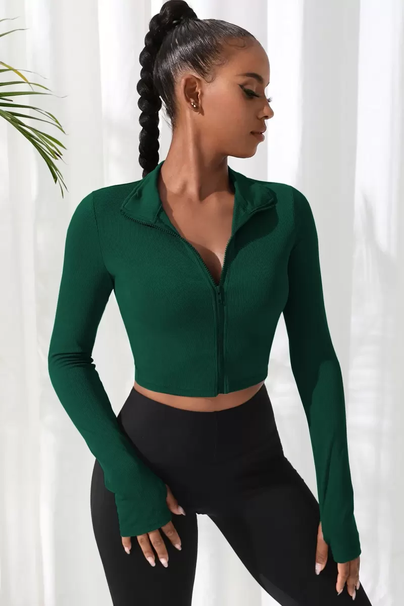 Yeşil Dik Yaka Fermuarlı Uzun Kollu Parmak Geçmeli Crop Top Spor Bluz