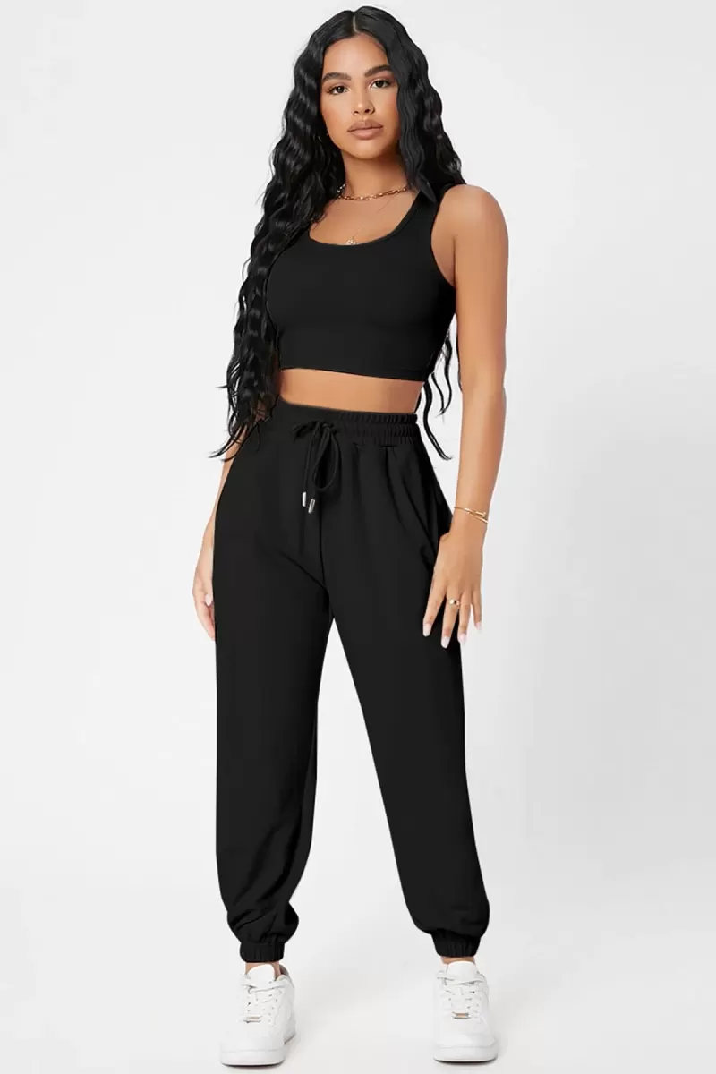 Kadın Siyah Premium Görünümlü Kaşkorse Cepli Jogger Eşofman Altı ve Crop Top Bluz Takımı