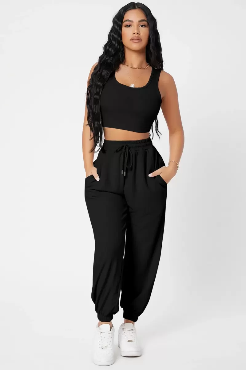 Kadın Siyah Premium Görünümlü Kaşkorse Cepli Jogger Eşofman Altı ve Crop Top Bluz Takımı