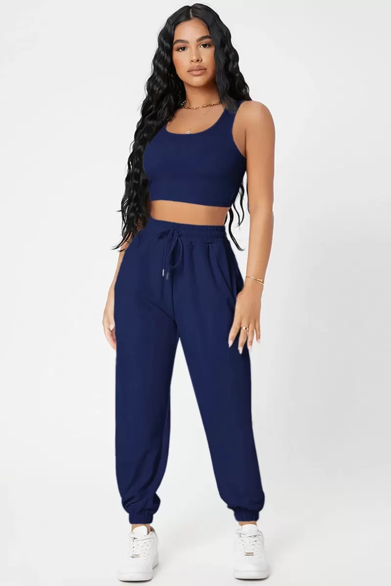 Kadın Laciver Premium Görünümlü Kaşkorse Cepli Jogger Eşofman Altı ve Crop Top Bluz Takımı