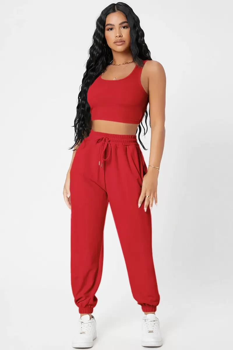 Kadın Kırmızı Premium Görünümlü Kaşkorse Cepli Jogger Eşofman Altı ve Crop Top Bluz Takımı